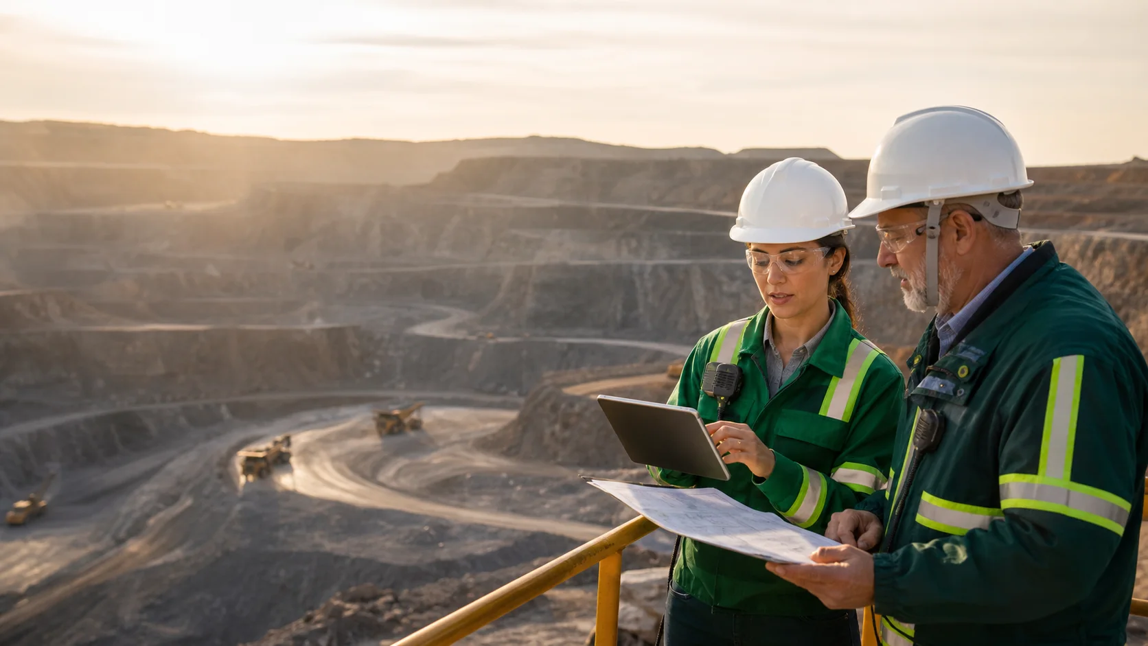 Especialistas de segurança realizando uma inspeção em operação de mineração